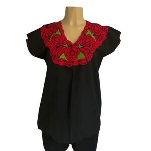 Mexican Embroidered Blouse Black with Red Roses Artisanal Floral Top Chiapas